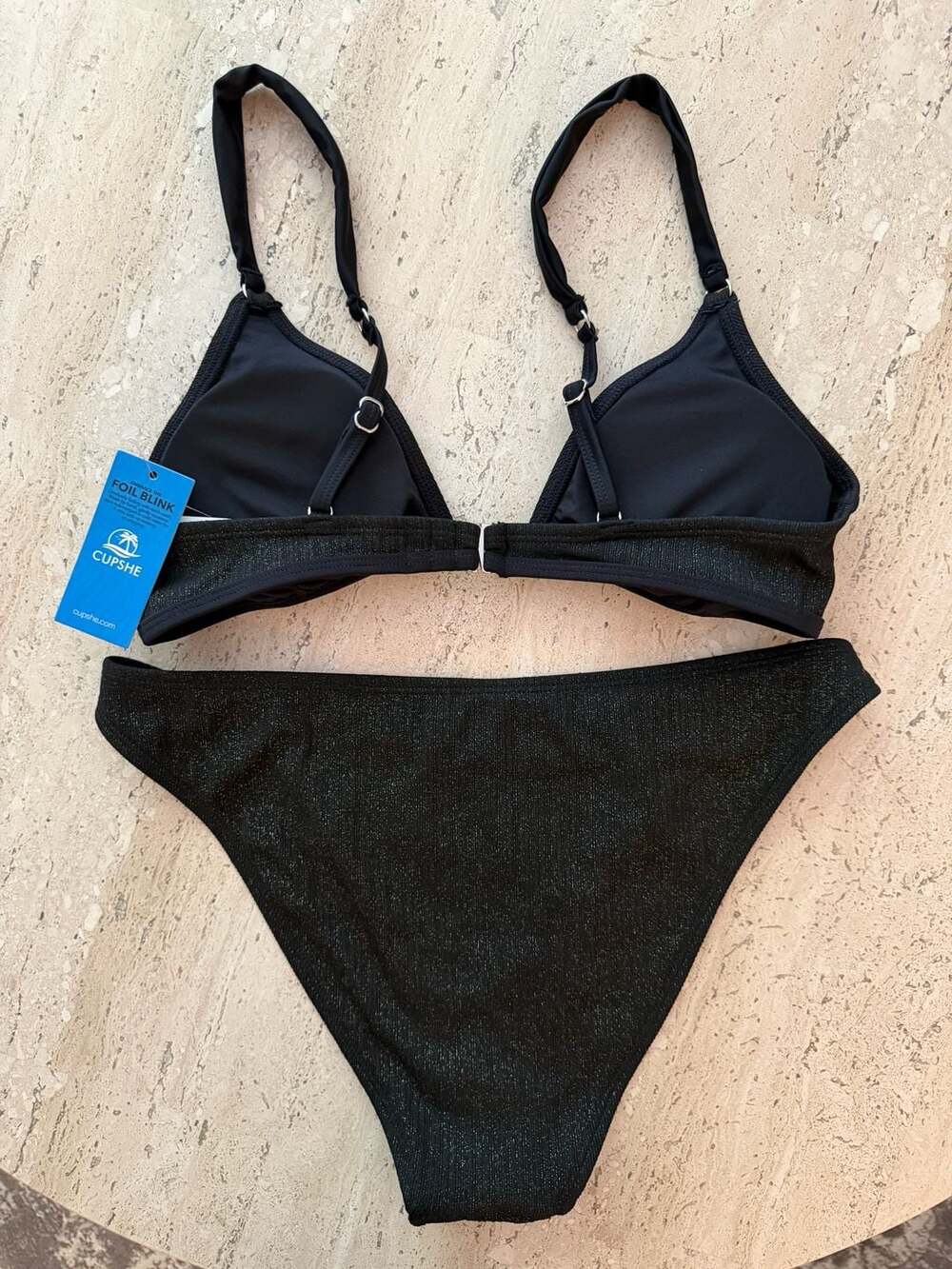 Cupshe Black Shimmer Lurex Triangle Bikini Set with Starfish Accents - Picture 4 of 4